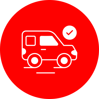 Car icon with check mark on red background.