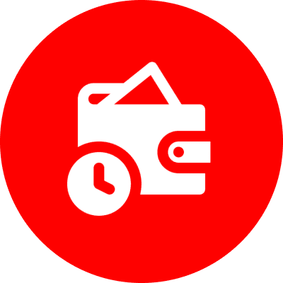 Time management wallet symbol, red circle.