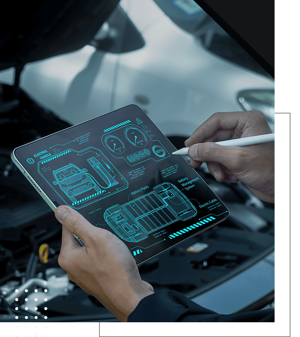 Technician using tablet for car diagnostics
