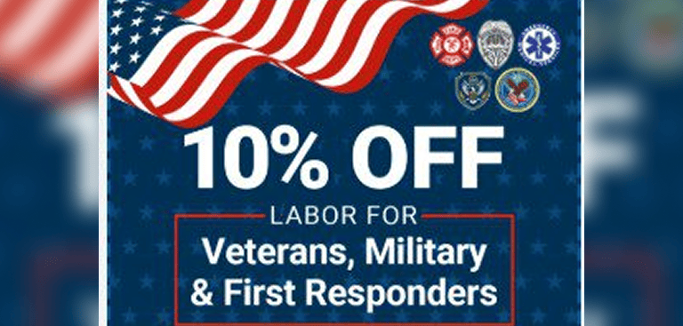 10% off labor for veterans, military, first responders