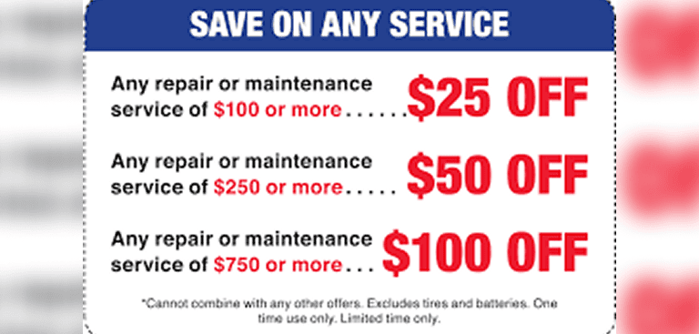 Auto service coupon showing $25/$50/$100 discounts